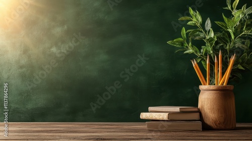 Natural sunlight gently illuminates a rustic desk setup with books, pencils, and plant, infusing the scene with warmth and a sense of peaceful learning environment. photo