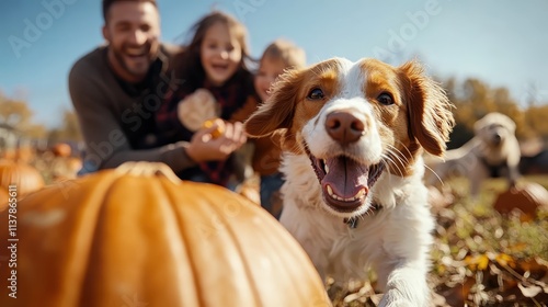 A lively dog captures attention at the forefront of a pumpkin patch with smiling family members in the background, representing joy, unity, and autumnal delight.
