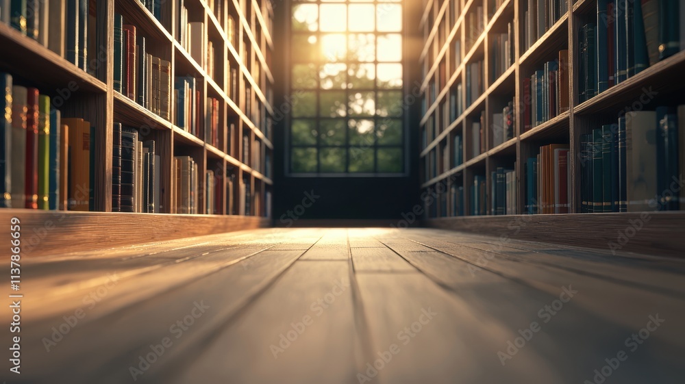 Fototapeta premium Sunlit Library Interior Bookshelves Wooden Floor Window View