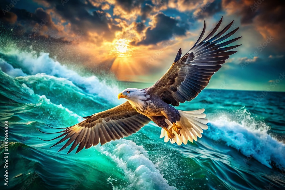 Obraz premium Surreal European Sea Eagle Photography: Majestic Bird, Ocean Dreamscape, Fantasy Art