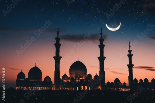 A Silhouette of a Mosque Under a Starry Night Sky with a Crescent Moon photo