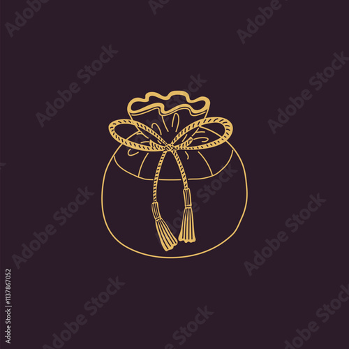 Korean lucky bag decorated with tassels line art vector icon, traditional Asian rounded purse for oriental holiday gifts