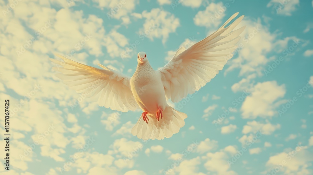 Fototapeta premium White Dove of Peace in the Air with Wings Wide Open Against Blue Cloudy Sky 
