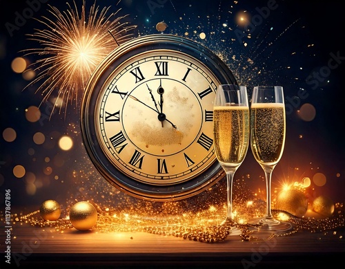 Nouvel An 2025 - Champagne et Horloge à Minuit - Lumières Étincelantes Generated image photo