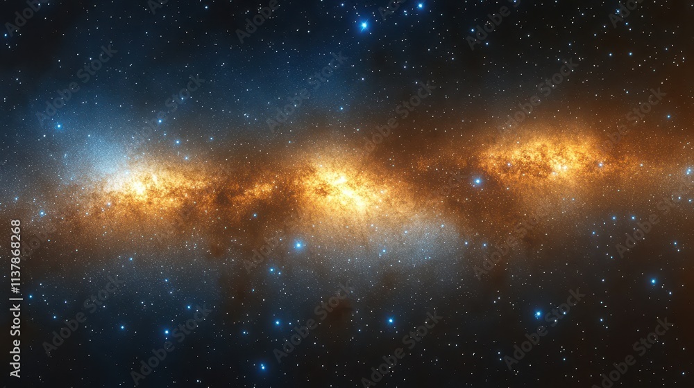Fototapeta premium A panoramic view of a bright stellar region emitting orange light and surrounded by blue stars in space.