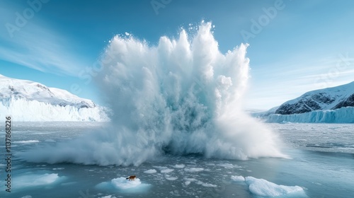 A massive ice explosion erupts in a frozen sea, sending waves and icy mist into the air, capturing the raw power and dynamic forces of a natural winter landscape. photo