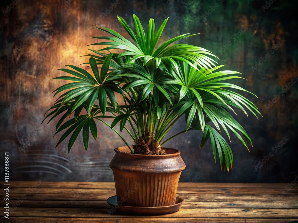 Fototapeta premium Surreal Green Lady Palm Indoor Plant in Ceramic Pot on Rustic Wooden Table - Fantasy Botanical Photography