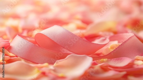 Pink ribbon rests on a bed of rose petals