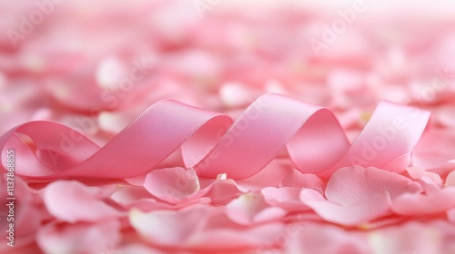 Pink satin ribbon rests on rose petals background