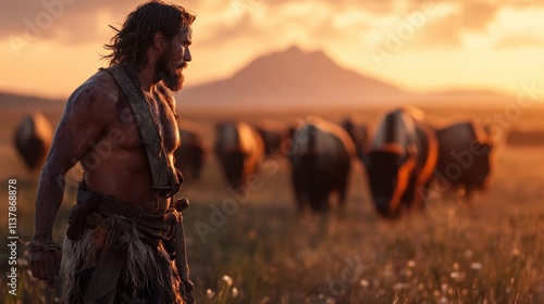 A determined warrior, draped in fur clothing, strides beside buffalo under the expansive savanna sky, highlighting themes of strength and resilience in nature. photo