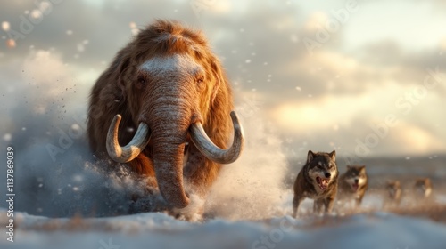 A woolly mammoth leads a pack of wolves across a snowy landscape. This powerful image symbolizes leadership and the untamed beauty of nature. photo