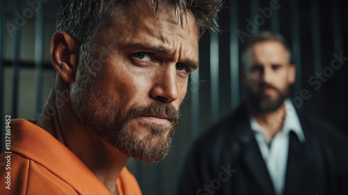 A bearded man clad in an orange prisoner's uniform peers over his shoulder within a cell, evoking feelings of caution and reflection behind bars. photo