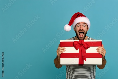 Isolated white white midlife man in red christmas cap with wrapped box in hands, on blue background. Copy space. Blue christmas background. Professional christmas decor. Santa hat gift. photo