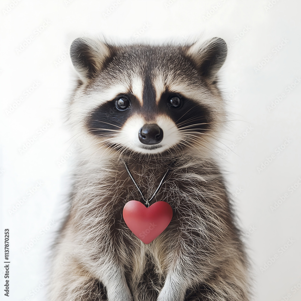 Obraz premium Valentines Day a cute raccoon wearing a heart pendant poses with playful charm in bright setting