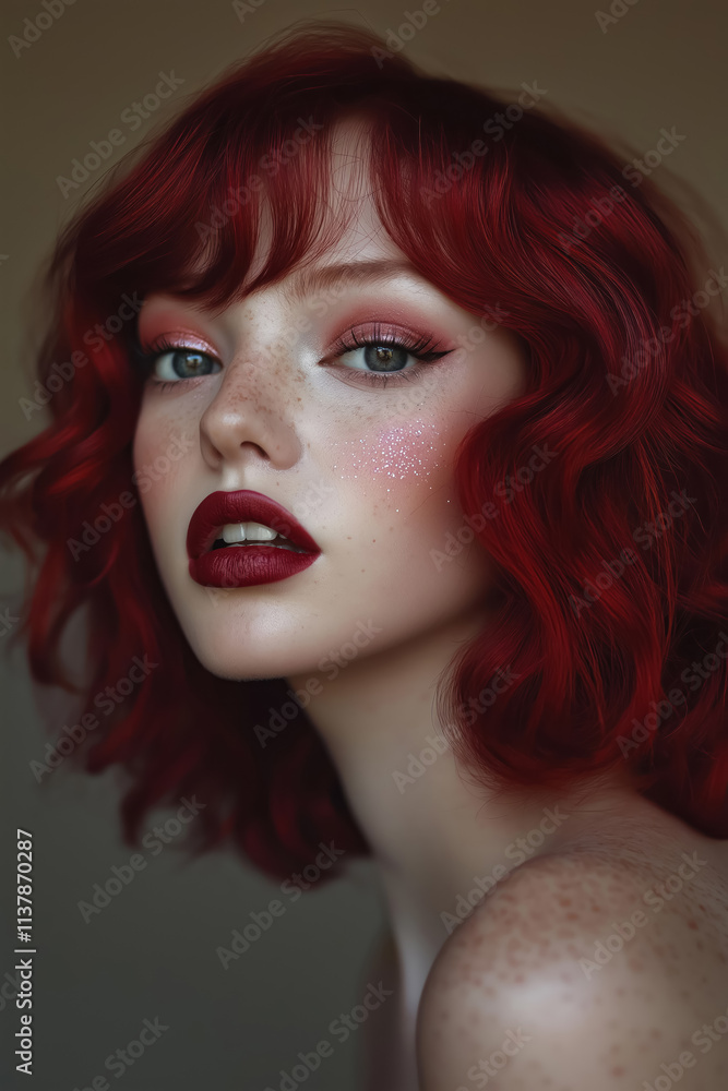Fototapeta premium Crimson red haired woman with glowing fair skin, bold shimmering burgundy lips, and radiant rosy cheeks, enhanced by glitter accents in her eye makeup
