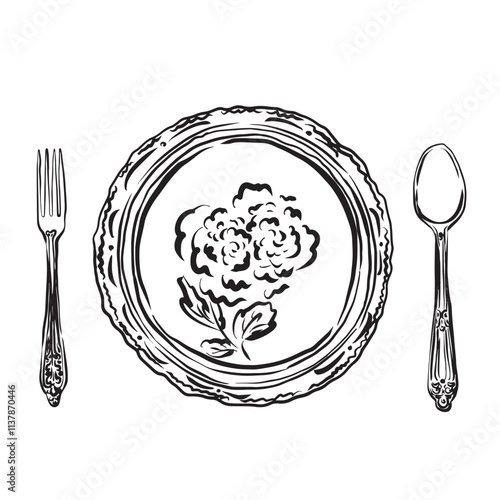 Hand-drawn vector illustration of a vintage plate and cutlery in trendy 2025 line art style. Perfect for restaurant branding, menus, home decor, and vintage-themed designs.