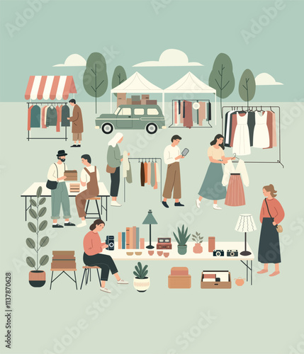 flea market scene featuring cartoon-style characters, showcasing the sale of second-hand items in a flat vector illustration. banner or backdrop design for promoting garage sale