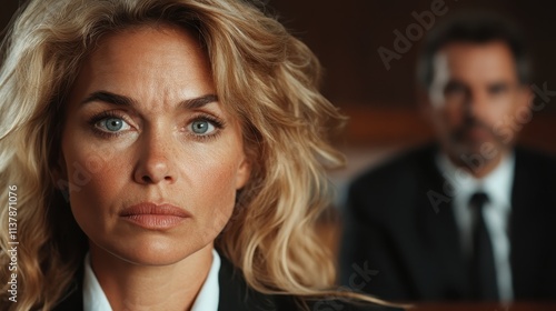 A close-up of a focused blonde woman in a suit in a courtroom with a blurred man in the background, highlighting her intense expression and determination. photo