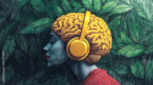 Close-up girl with a yellow brain wearing headphones on a green leave background. Generative AI.