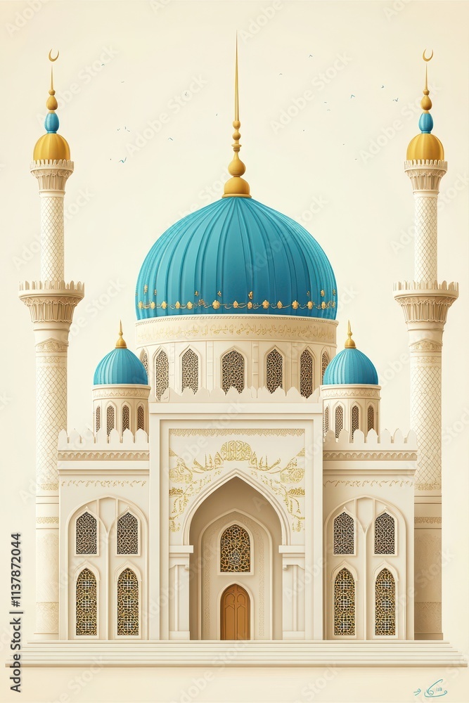 Obraz premium An ornate white mosque with a turquoise dome and golden accents.