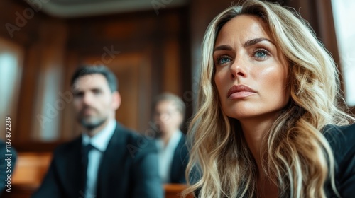 A blue-eyed woman with blonde hair looks off to the side in a formal setting, with her focus contrasted by blurred people in the background. photo