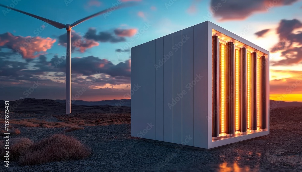 Obraz premium A modern energy storage unit illuminated against a dramatic sunset, with a wind turbine in the background, symbolizing renewable energy innovation.