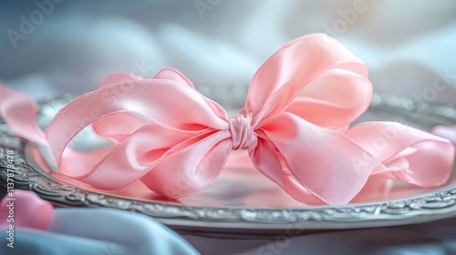 Delicate Pink Ribbon Bow on Silver Plate