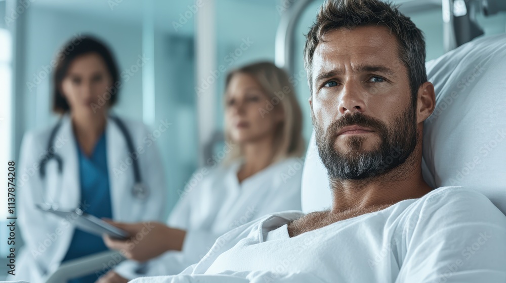 Fototapeta premium A man observed by doctors lies in a hospital bed, focusing on patient care and healthcare professionals, expressing vulnerability and medical treatment.