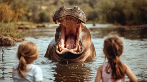 A hippopotamus opens its mouth wide in a river, capturing the attention and amazement of two young children observing the magnificent creature closely. photo