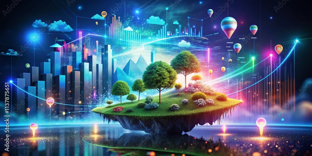 Obraz premium Surreal Representation of Digital Transformation in Business Growth with Graphs and Abstract Elements Illustrating the Concept of Digitization in Processes and Successful Strategies