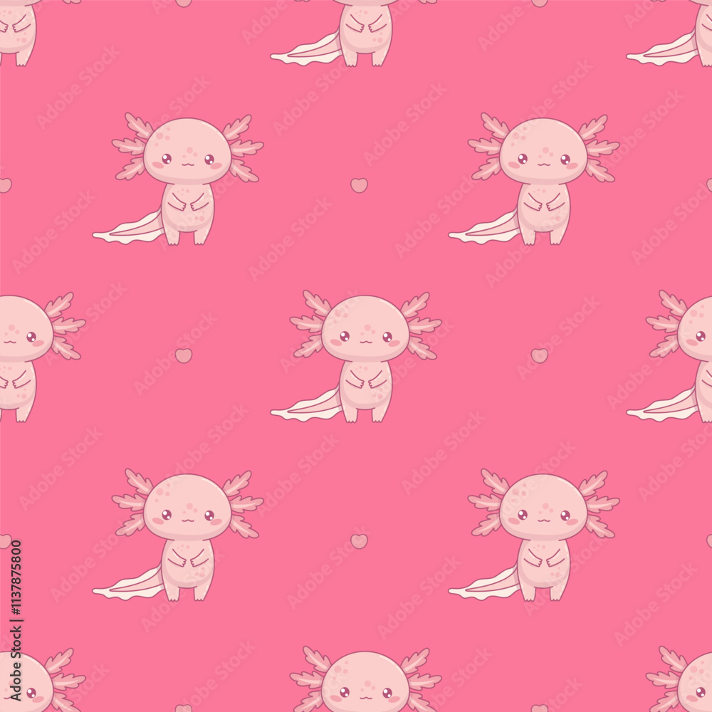 Obraz premium Seamless pattern Romantic cute Axolotl on pink background with heart. Funny Little cartoon kawaii character. Vector illustration. Kids collection