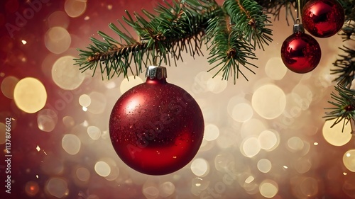 A shimmering red glass ball ornament hangs delicately from a fir tree branch, adding a festive touch to the Christmas tree and celebrating the holiday season photo