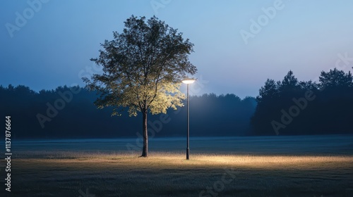 A single tree standing on a grassy field at sunrise with soft light creating a serene scene.