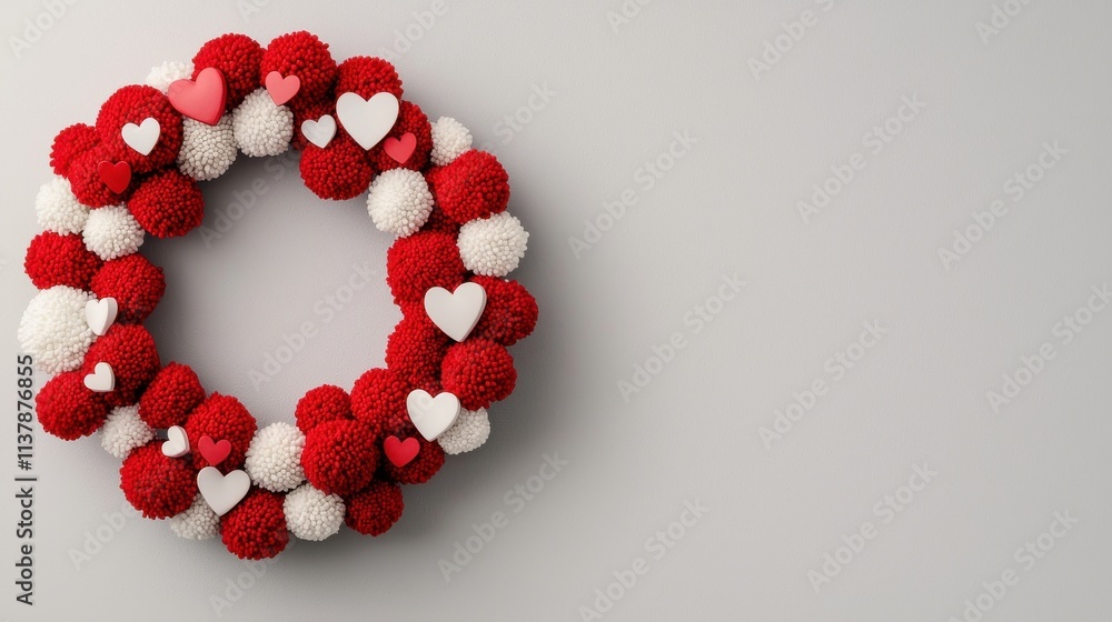 Obraz premium Valentine wreath Decorative heart-themed in red and white on a light background.
