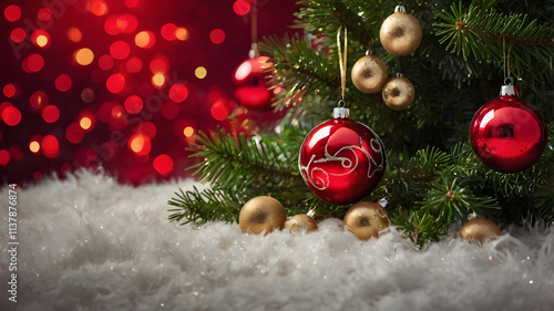 A shimmering red glass ball ornament hangs delicately from a fir tree branch, adding a festive touch to the Christmas tree and celebrating the holiday season photo