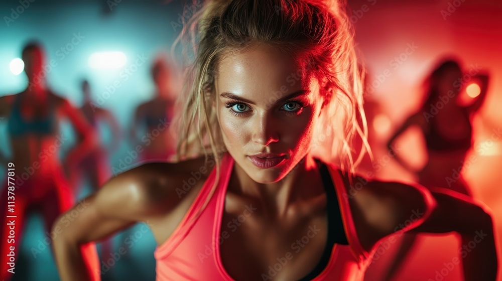 Naklejka premium A fit woman, illuminated by colorful lights, strikes a fierce pose during an intense exercise session in a lively fitness studio, embodying strength and focus.