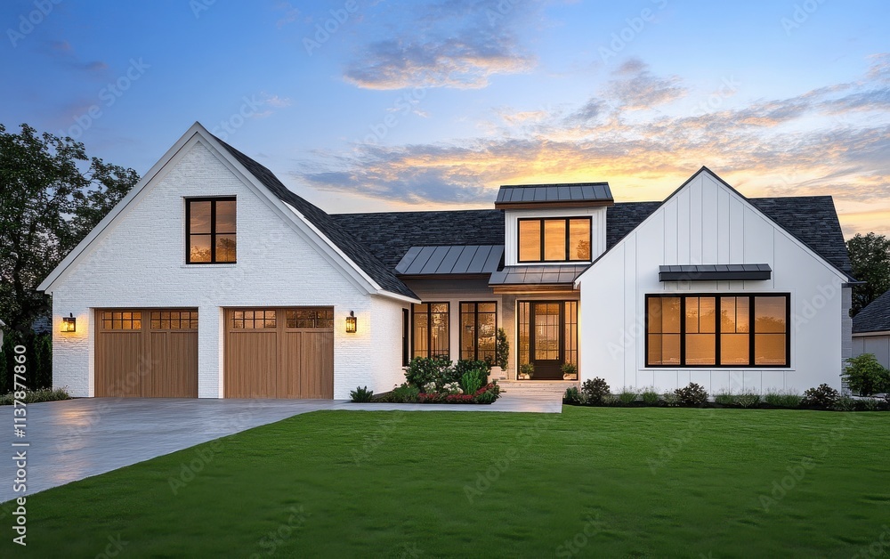 Obraz premium A high-resolution, photorealistic 3D render of a modern home with white walls, wooden cladding, and large windows, accompanied by a garage door. 