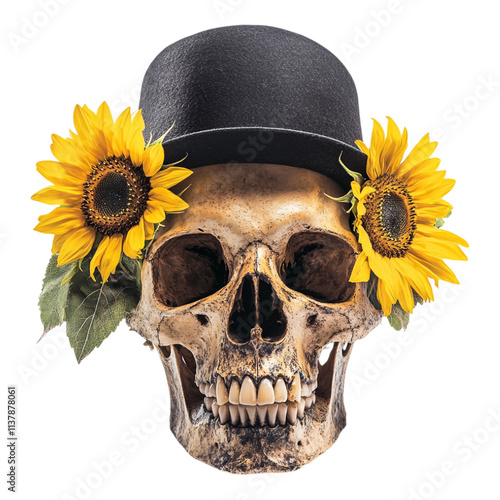 A skull wearing a black hat, adorned with bright sunflowers and festive decorations, isolated on a transparent background. photo