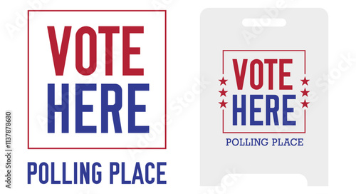 VOTE HERE sticker for a polling station, standee layout. American elections. Flat vector illustration isolated on white background.