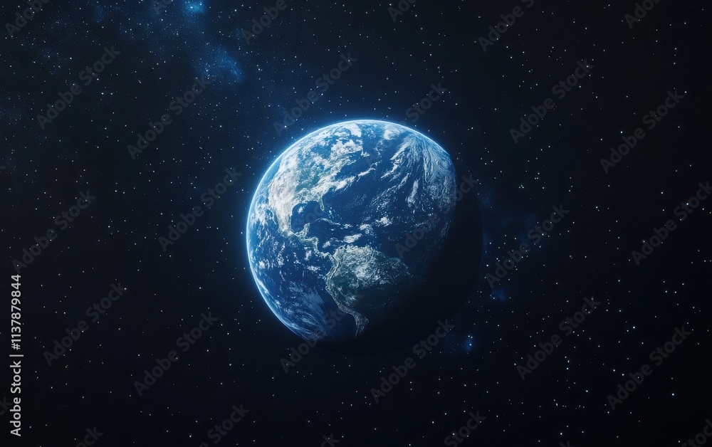 Obraz premium A photorealistic view of Earth from the moon, set against a vast space background, with the blue planet glowing vividly and the moon's surface in fine detail