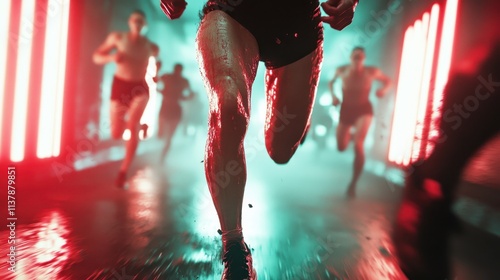Runners push through an intense endurance race under intense neon lighting, emphasizing the struggle, determination, and perseverance in a high-stakes environment. photo