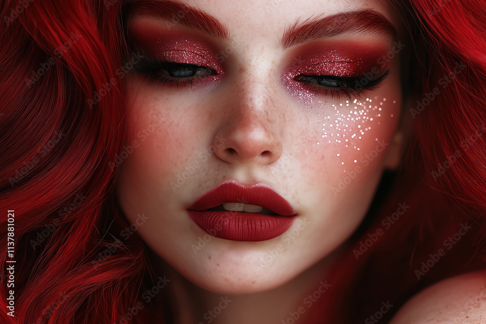Fototapeta premium closed eyes, Woman with crimson red hair, glowing fair skin, and bold shimmering burgundy lips; her makeup is accentuated by sparkling glitter on her eyes and rosy cheeks.