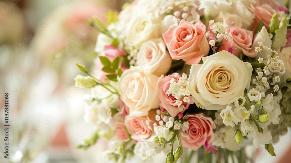 Fototapeta premium Elegant Bridal Bouquet: A Symphony of Peach and Cream Roses