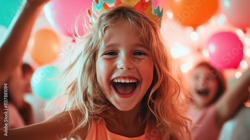 A young girl with a joyful expression celebrates at a birthday party, wearing a colorful crown with bright decorations and friends joining her in the joy and excitement. photo