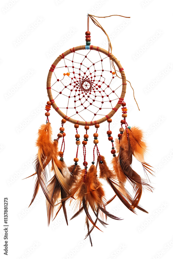 Obraz premium Traditional dreamcatcher with brown feathers and beads hanging isolated on a clean transparent background for decoration or cultural use.