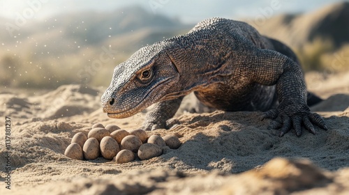 A scene of a Komodo dragon carefully burying her clutch of eggs in a sandy mound to keep them safe from predators photo