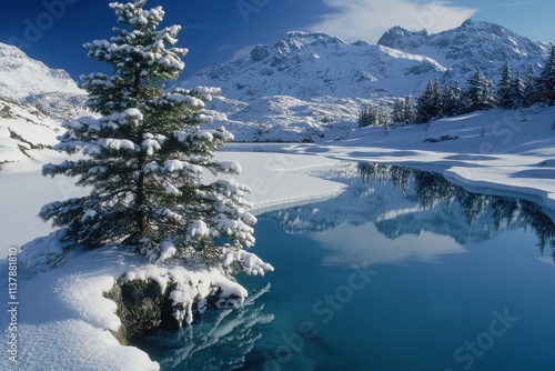 Snowcovered pine tree beside a tranquil, icerimmed alpine lake, reflecting majestic snowcapped mountains under a clear blue sky. photo