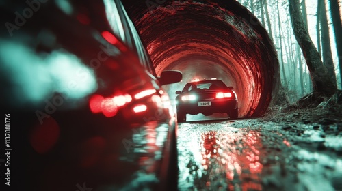 A police car with flashing lights is present in a dimly illuminated damp tunnel at night, creating an intense and mysterious atmosphere indicative of suspense. photo