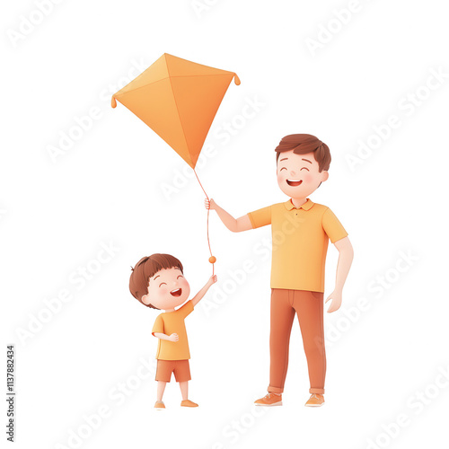 A joyful father and son flying a colorful kite on a sunny day. photo