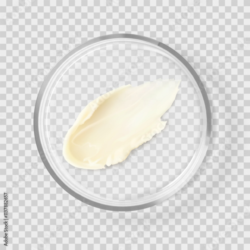 Natural lip balm skincare textured smear beauty product on petri dish isolated realistic vector illustration. Concept cosmetic laboratory tests and research